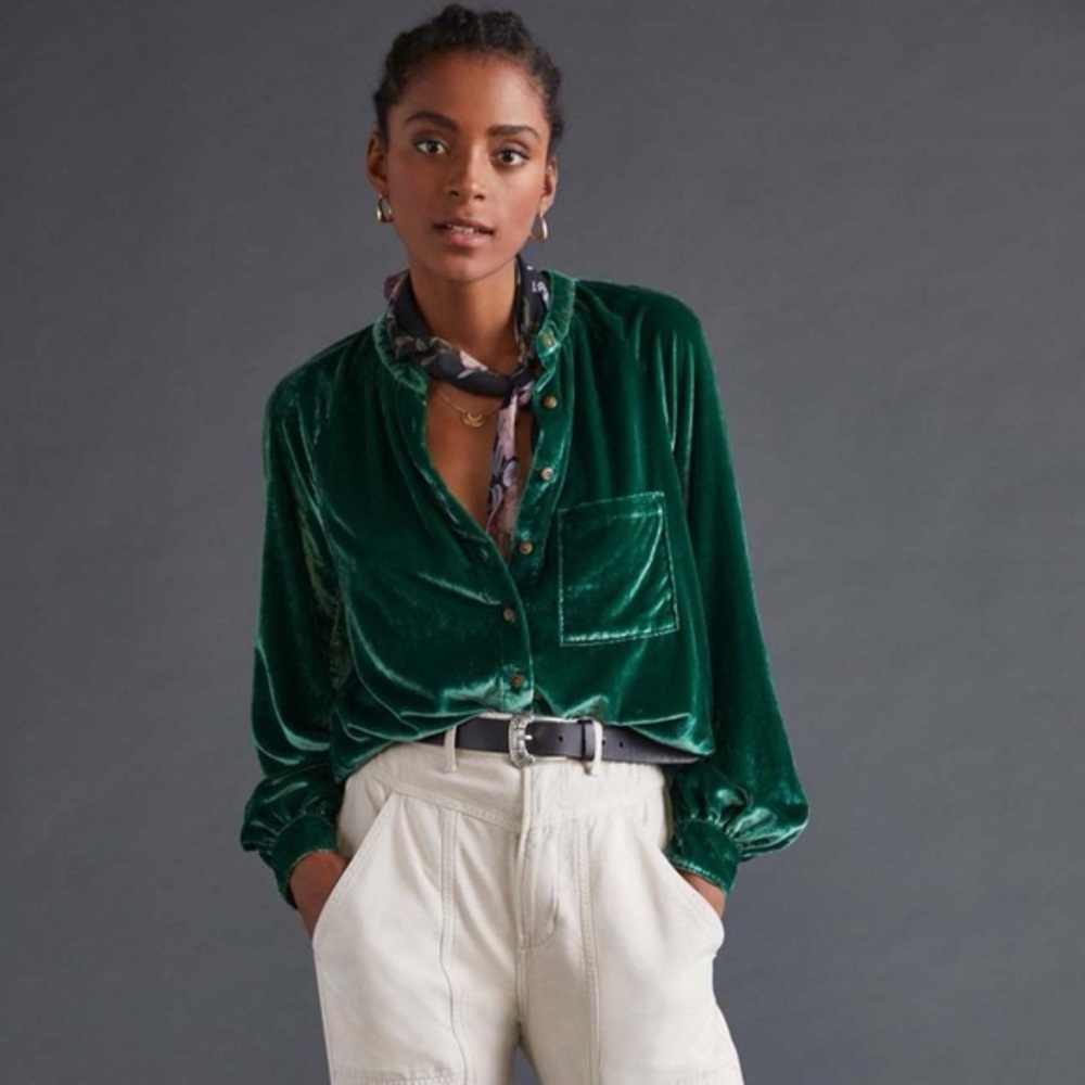 ANTHROPOLOGIE Pilcro Green Velvet Button Down Top Blouse Puff Sleeve Size XSP